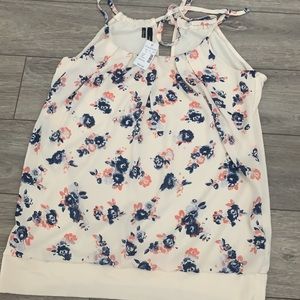 Cream Floral Chiffon Banded Bottom Tank